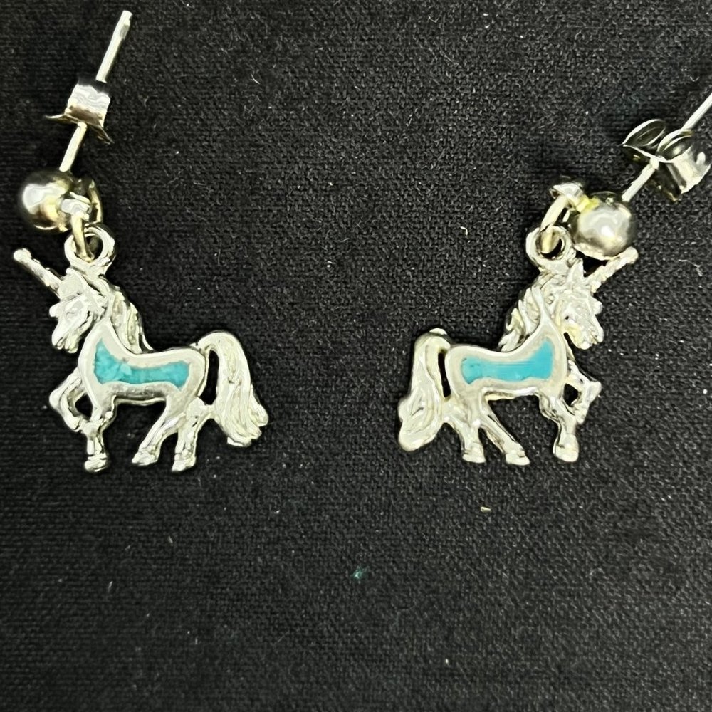 Vintage Silver Tone Faux Mosaic Turquois Unicorn Pierced Earrings (3780) - Picture 2 of 6